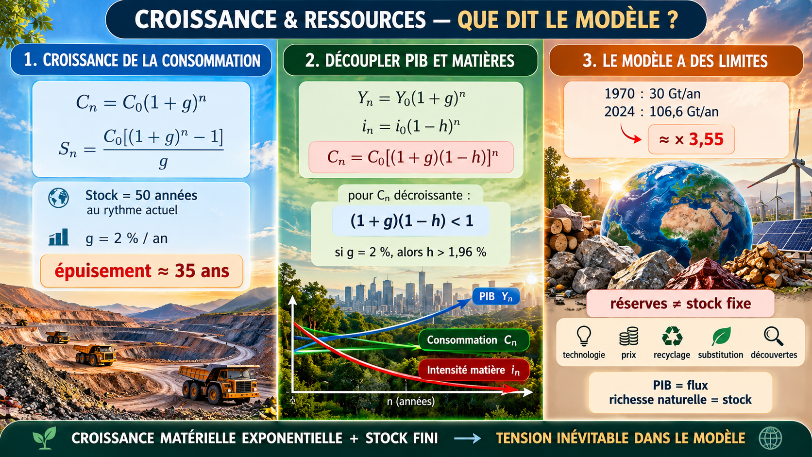Support visuel sur croissance économique, croissance exponentielle et épuisement des ressources